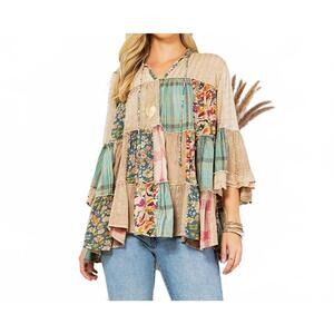 NEW YOUNG THREADS vintage boho tiered ruffle top in latte